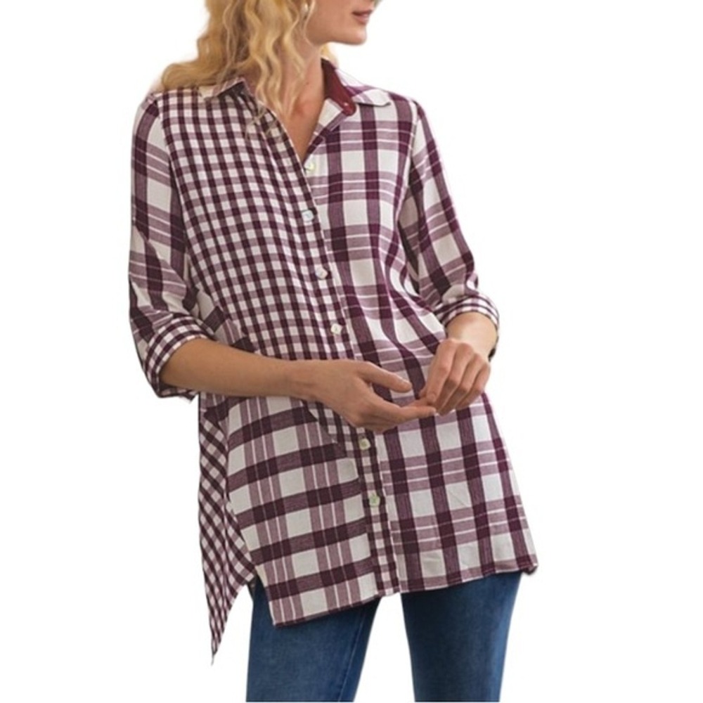 Soft Surroundings Plaid‎ Button Down Women PXS Burgundy Mixed Print 3/4 Sleeve